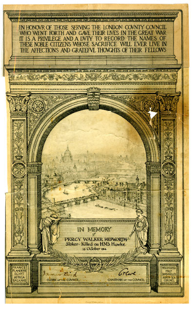An 'In Memory' card given to former LCC staff who died in the war.