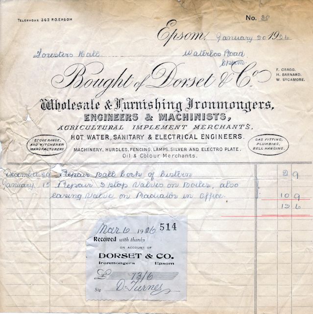 A 1926 receipt from Dorset and Co