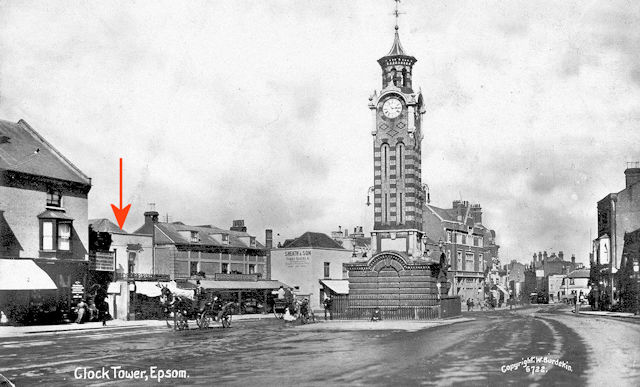 Postcard view of Epsom High Street with Bank building indicated.