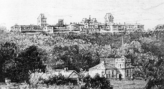 Engraving of Kew Asylum circa 1880. Buildings of Yarra Bend Asylum are depicted in the foreground