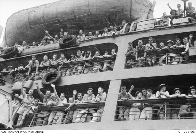  Australian Troops Line The Rails Aboard The Troop Transport Ship HMT Orcades