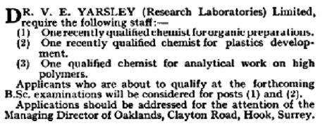 Advert in 'The Analyst' for staff 1952