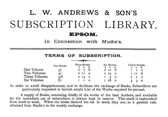 Table of fees for Andrews Subscription Library