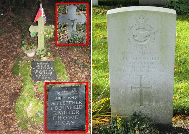 Left: the memorial at the crash site<br>Right: John's headstone in the Jonkerbos War Cemetery Left: the memorial at the crash site<br>Right: John's headstone in the Jonkerbos War Cemetery