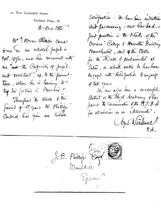 Testimonial written by Alfred Waterhouse to Bevan Phillips in December 1883. Testimonial written by Alfred Waterhouse to Bevan Phillips in December 1883.