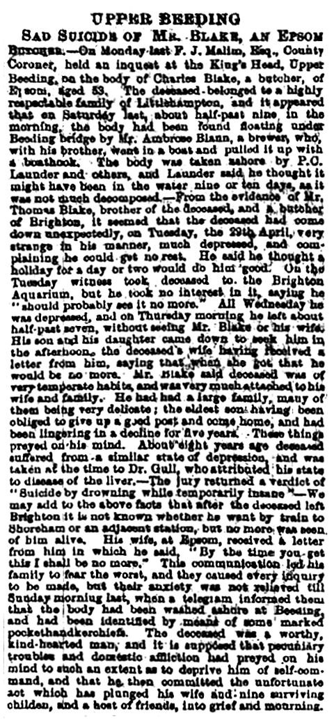 A newspaper report on the death of Charles Blake