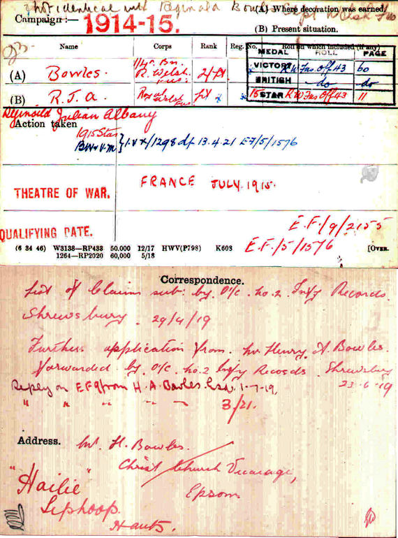 Reginald's medal card Reginald's medal card