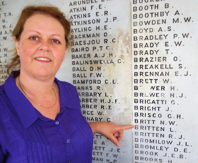 Our intrepid reseacher, Hazel Ballan, pointing to Lachlan's inscription on the The Kings Park War Memorial in Perth Our intrepid reseacher, Hazel Ballan, pointing to Lachlan's inscription on the The Kings Park War Memorial in Perth