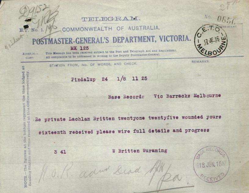 Telegram requesting infromation on Lachlan's progress - Click image to enlarge Telegram requesting infromation on Lachlan's progress - Click image to enlarge
