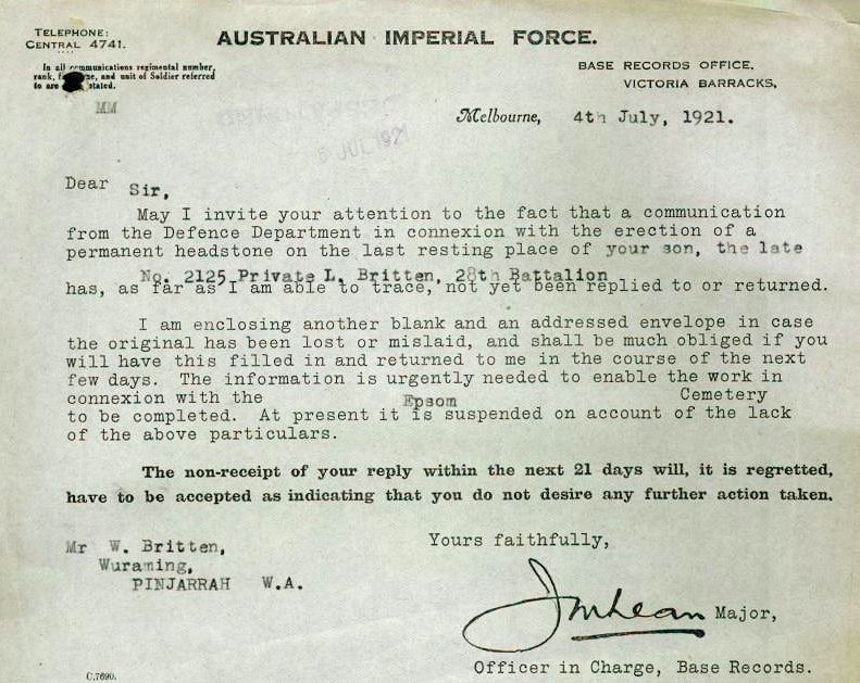 The letter regarding Lachlan's headstone in Epsom Cemetery - Click image to enlarge The letter regarding Lachlan's headstone in Epsom Cemetery - Click image to enlarge