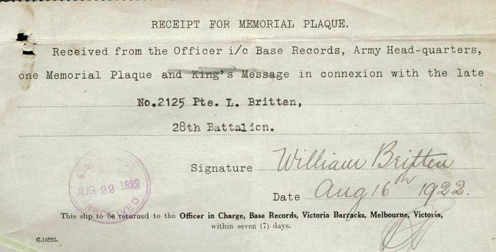 The receipt for the meorial plaque - Click image to enlarge The receipt for the meorial plaque - Click image to enlarge
