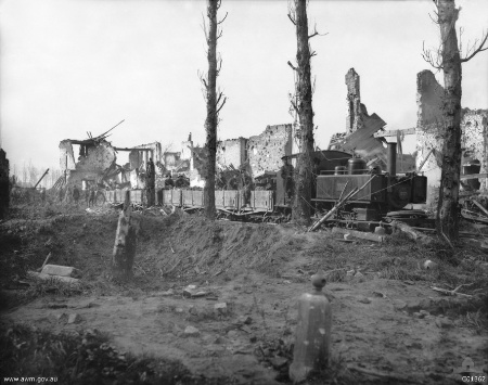 Drawing ballast in the vicinity of Ypres with an American 'Cook' engine, No. 1217, manned by personnel of the 17th Australian Light Railway Operating Company