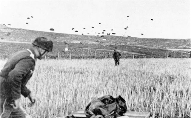 German paratroopers landing on Crete, May 1941. German paratroopers landing on Crete, May 1941