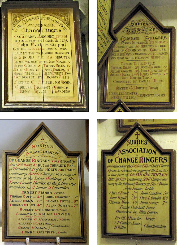 Boards commemorating some early major peals on Christ Church's Bells.