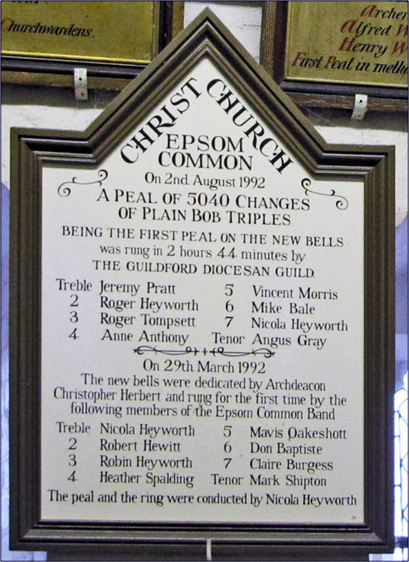 Chime board recording the new bells' dedication and first full peal.