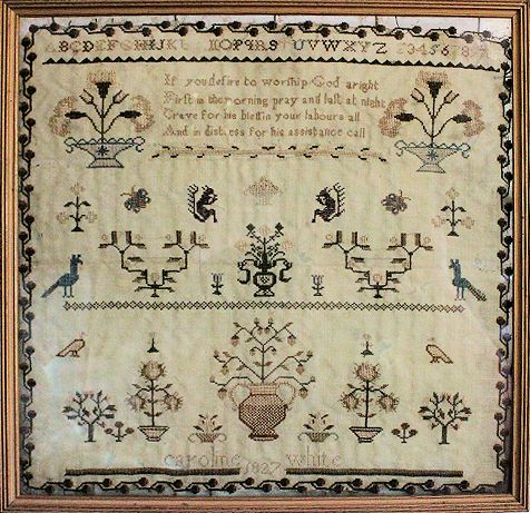 Sampler sewn by Caroline White (Mrs Dorset) in 1827.