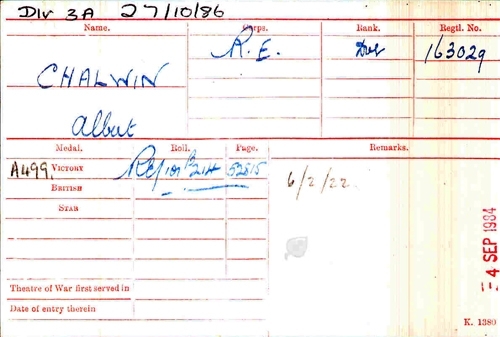 Front of Albert's medal card.
