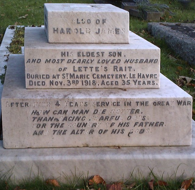 Harold's inscription on the family grave in Epsom Ceemetery Harold's inscription on the family grave in Epsom Ceemetery