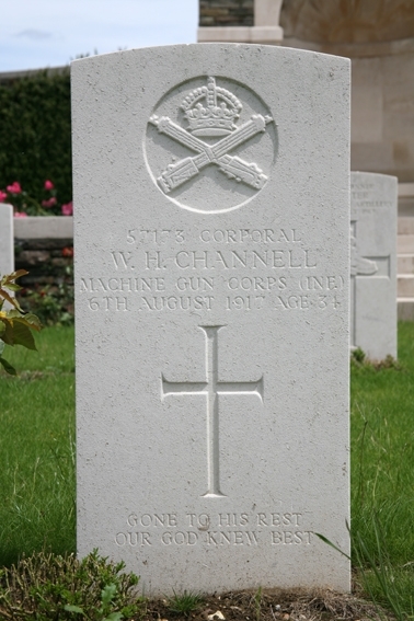 Corporal Channell's inscription on the Estaires Communal Cemetery Extension, IV G 13 Corporal Channell's inscription on the Estaires Communal Cemetery Extension, IV G 13
