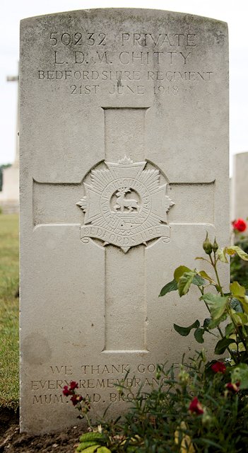 Louis's headstone in the Pernois British Cemetery Louis's headstone in the Pernois British Cemetery