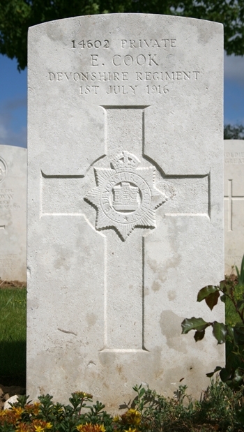 Ernest Cook's Headstone in the Ovillers Military Cemetery