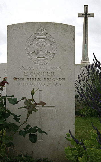 Rifleman Cooper's inscription at the Romeries Communal Cemetery Extension, France