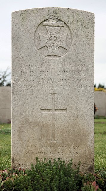 John's headstone in in the Rue-du-Bacquerot No. 1 Military Cemetery, Laventie John's headstone in in the Rue-du-Bacquerot No. 1 Military Cemetery, Laventie