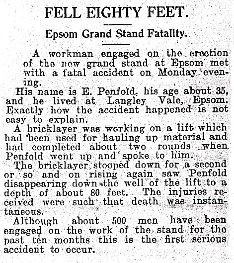 Newspaper cutting from the Epsom Advertiser of Ernest Penfold's Accident