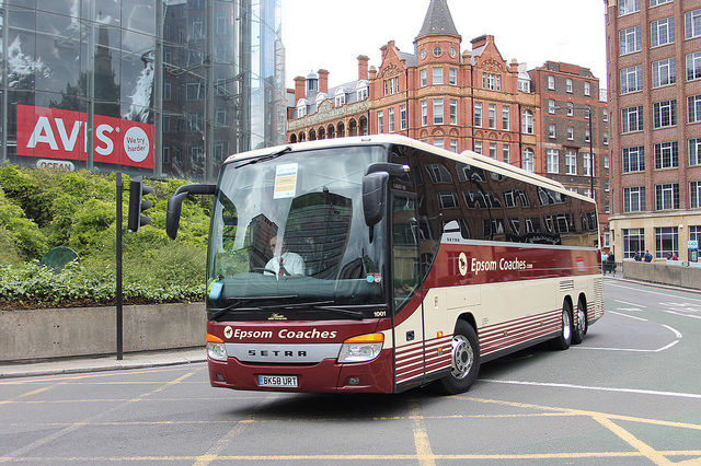 An Epsom Coaches vehicle passing Waterloo station London