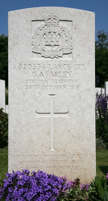George's headstobe in Terlinchtun British Cemetery, Wimille, near Boulogne