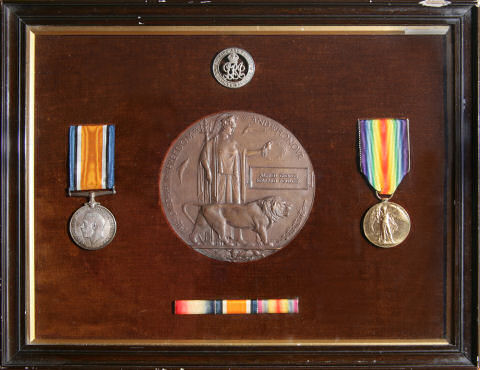 Alfred's medals and bronze plaque in a wooden frame Alfred's medals and bronze plaque in a wooden frame
