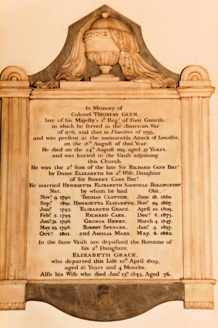 Memorial to Colonel Thomas Glyn and family in St Mary's Ewell
