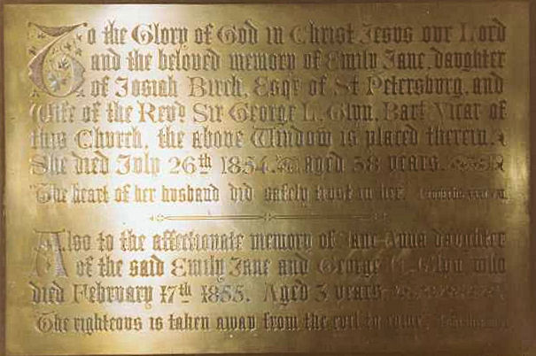 Memorial to Lady Emily Jane Glyn and daughter, Jane Anna, in St Mary's, Ewell