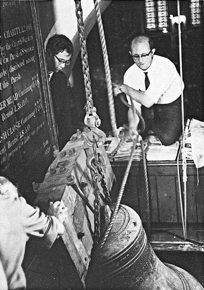 One of the bells during repair. (Note the Peal Board on the left)