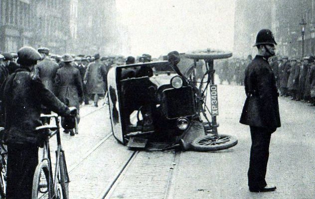 A van overturned by strikers in London's Blackfriars Road