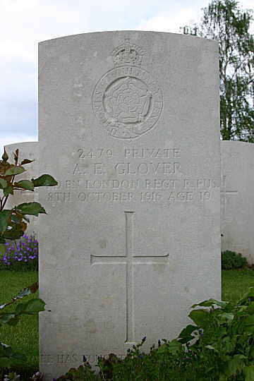 Albert Edward Glover's Headstone in the A.I.F. Burial Ground, Flers