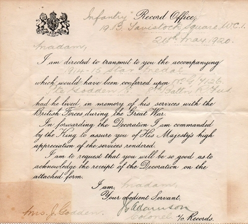 The letter accompanying Edward's Star Medal