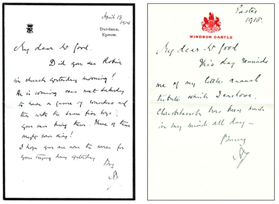 Scans of Lord Rosebery's 13 April 1914 and Easter 1915 letters quoted above.