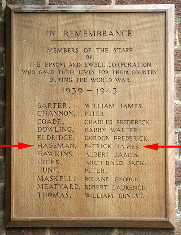Patrick's entry on the Borough employees' plaque in Epsom Town Hall Patrick's entry on the Borough employees' plaque in Epsom Town Hall