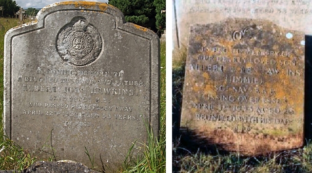 Left: The headstone of Albert senior in Carisbrooke (Mount Joy) Cemetery,Right: Jimmie's memorial on that grave,
