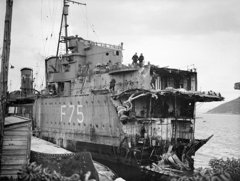 HMS Eskimo after the 12 April 1940 torpedo attack. HMS Eskimo after the 12 April 1940 torpedo attack.