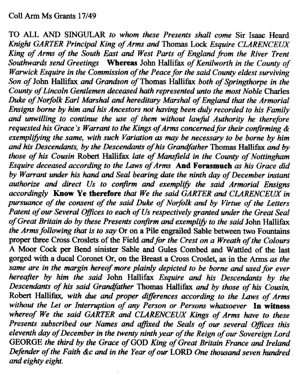 Regularisation of the use of a Coat of Arms by grant in 1788