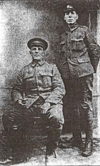 Photograph of John Hampton (standing) and his school friend FL Banks of Addiscombe (sitting) taken from the Epsom and Ewell Advertiser 18th May 1915. Both went to the Whitgift School and were killed within a few days of each other.