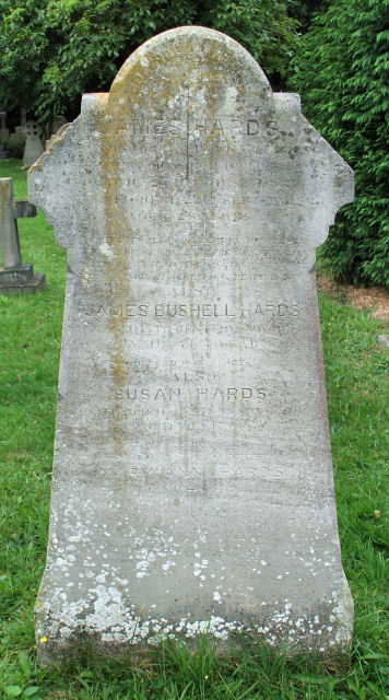 The Headstone in St Mary's, Ewell churchyard for James Hards, James Bushell Hards and Susan Hards