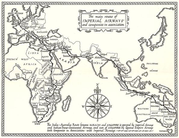 An Imperial Airways map from 1935, showing Harry's route from London to Singapore. An Imperial Airways map from 1935, showing Harry's route from London to Singapore.