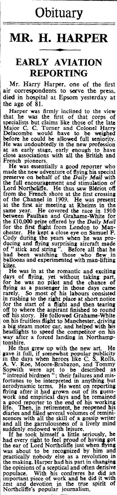 Harry's obituary in The Times, 7 June 1960 Harry's obituary in The Times, 7 June 1960