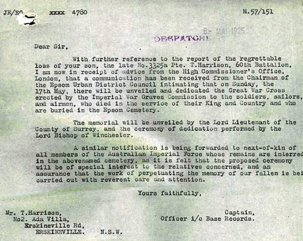 Great War Cross unveiling letter Great War Cross unveiling letter