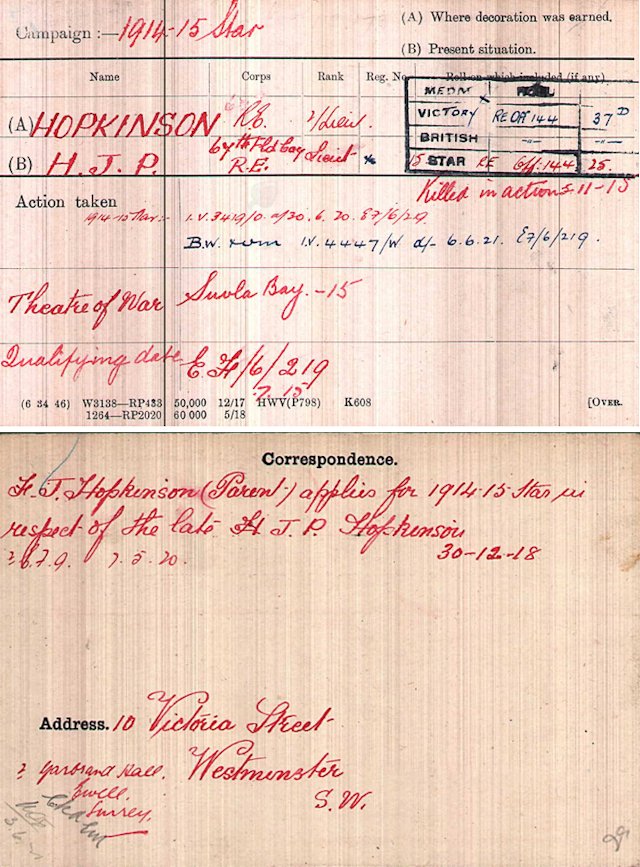 Hugh James Pearson Hopkinson medal card