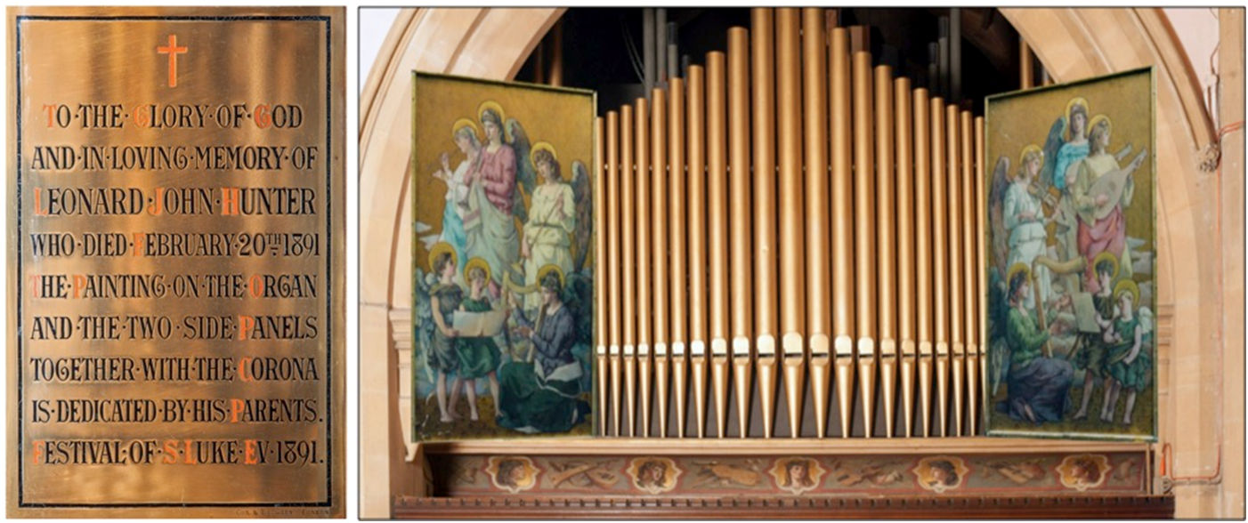 The 1891 Leonard John Hunter memorial plaque and organ decoration.