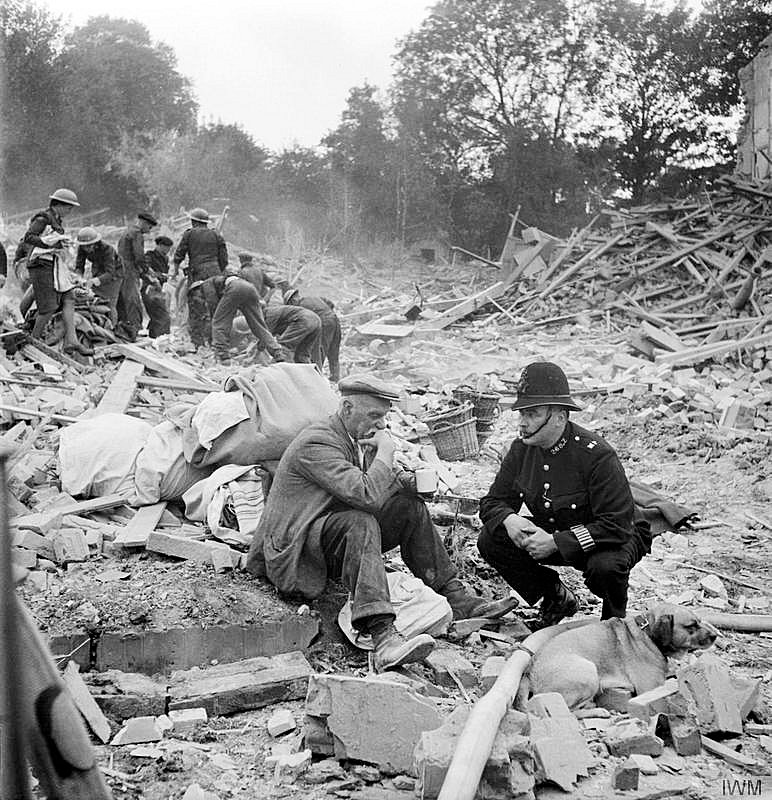 Tea and sympathy to a now homeless man after a V1 attack that sadly killed his wife and destroyed his home.